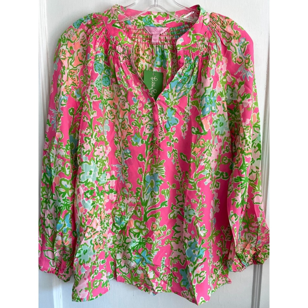 NWT Lilly Pulitzer Elsa Silk Blouse XS Pink Green Floral Smocked Gold Button Top